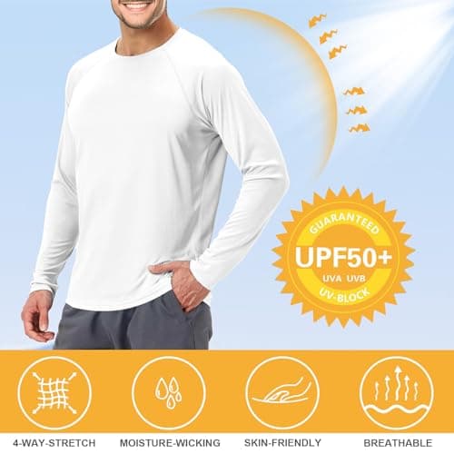 Men's UPF 50+ Swim Shirt Rash Guard Long Sleeve Quick Dry Lightweight SPF Sun Shirts for Hiking Fishing Running White L - Thumbnail 3