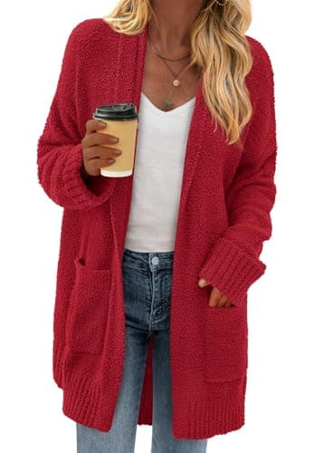 KIRUNDO Cardigan Sweaters for Women 2026 Fall Chunky Fuzzy Knit Open Front Loose Long Sleeve Sweater Coats Winter Clothing(Red, XX-Large) - Image 1