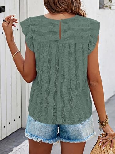 PRETTYGARDEN Women's Summer Cute Tank Top Crewneck Ruffle Sleeveless Hollow Out Eyelet Lace Spring Blouse Shirts(Cyan,Medium) - Thumbnail 2