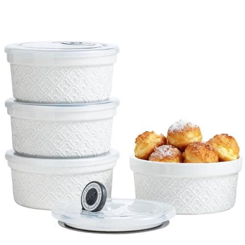 MISSYSSIM Ramekins 12 oz with Lids Oven Safe, Creme Brulee Ramekins with Covers, Ceramic Small Baking Dishes Set of 4, Souffle Dishes Bowls - Microwave and Dishwasher Safe, White Cloud - Image 1