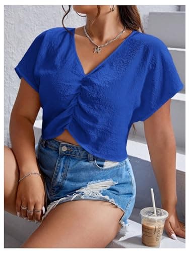 MakeMeChic Women's Plus Size Ruched Front Short Sleeve Shirts Casual V Neck Crop Top Blouse Royal Blue 0XL - Thumbnail 4