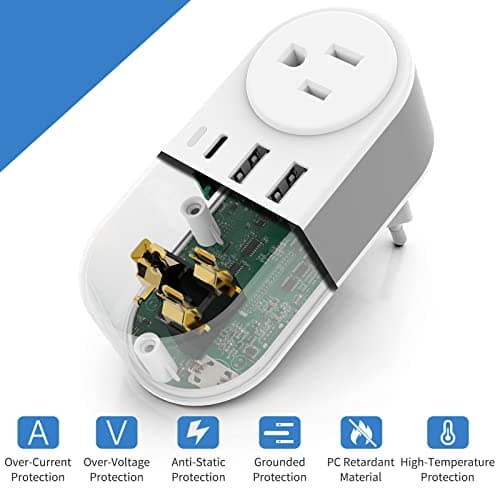 European Travel Plug Adapter for Europe & UK, CHUAFIUR International Power Plug with 2 AC Outlet and 3 USB Ports, Type C Adapter American to UK EU Ireland Italy Israel Spain France Travel Essentials - Thumbnail 5
