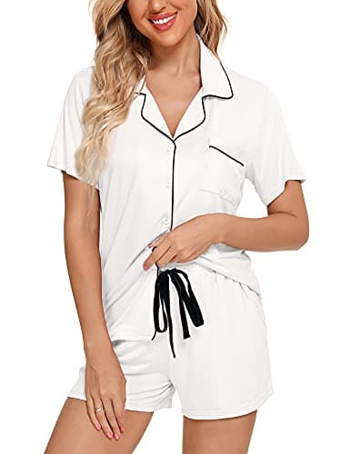Samring Pajamas Soft Women's Short Sleeve Button Sleepwear Shorts Shirt PJ Set White S - Image 1