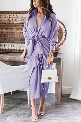 BTFBM Summer Dresses for Women 2026 Long Sleeve V Neck Button Down Elegant Belted Ruched Satin Silk Shirt Spring Dress(Purple, Medium) - Thumbnail 3