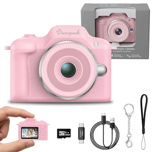 Dienspeak Retro Keychain Camera, 1080P HD Mini Digital Pocket Camera with 32GB Card, Small Portable Vintage Camcorder for Kids Adults, Wearable Tiny Video Recorder for Travel Camp and Party, Pink