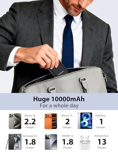 10000mAh Power Bank, 2-in-1 Portable Charger, Built in USB C Cable Battery Pack with 65W AC Wall Plug, Travel Essential Phone Powerbank Compatible with iPhone 17/16/15, iPad, Samsung, MacBook, Black - Thumbnail 4