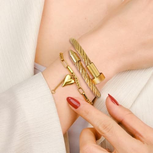 LCTrusttmor Gahna Heart Charm Bracelets for Women, Stackable 18K Gold Plated Heart Charm with Adjustable Box Link Chain Set Trendy Jewelry Gifts - Thumbnail 3