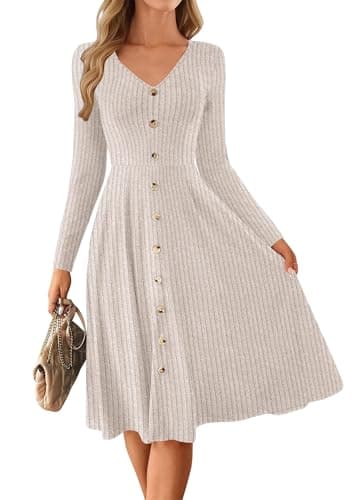 Lazysmile Long Sleeve Fall Winter Dresses for Women V Neck Button Down A Line Swing Casual Knit Sweater Dress Apricot - Image 1