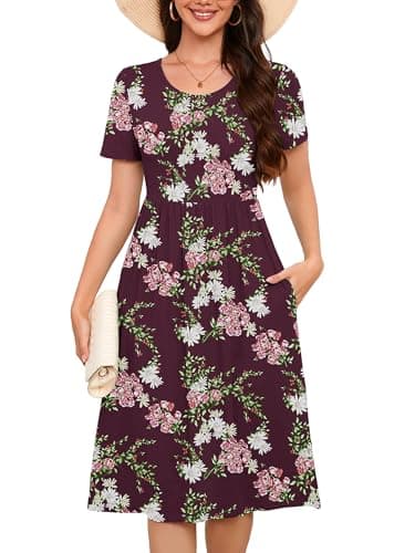 DEARCASE Women's Dresses Flower Wine Red X-Large Short Sleeve A line Summer Beach Midi Sundress Casual Wedding Guest Flowy Swing Cocktail Party Holiday Spring Travel Long Dress with Pockets - Image 1
