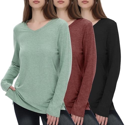 GAYHAY Long Sleeve Shirts for Women Pack Basic Tees Loose Fit Plain Lightweight Layering Solid Clothes for Women Fall 2025 Black Burgundy Light Green - Image 1