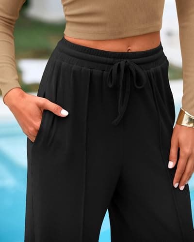 BTFBM Casual 2 Piece Sets For Women Fall Outfits 2026 Ribbed Spring Long Sleeve Crop Top Wide Leg Pants Matching Lounge Set(Camel Black, X-Large) - Thumbnail 4