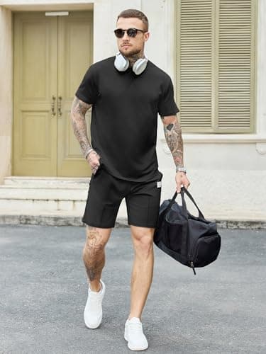 JEMLDL Men's 2 Piece Outfit Summer Sets Comfortable Home Short Sleeve Shirt & Shorts Casual Clothing Fashion Set Black L - Thumbnail 6