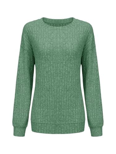 STOLKISS Ladies Ribbed Sweatshirts Relaxed Casual Pullover Ribbed Crew Neck Long Sleeve Sweatshirt Soft Fall Tops Green - Image 1