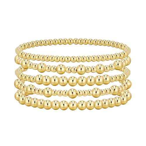 adoyi Gold Bracelets for Women Beaded Bracelet 14K Gold Plated Bracelet Stack Strand Stretch Bead Ball Bracelet Set Stackable Bracelet Adjustable Bracelet Set Jewelry for Gifts 6.8 inches - Image 1
