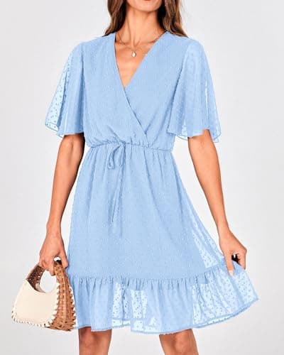 KIRUNDO Womens Summer Dresses 2026 Casual Spring Short Sleeve V Neck Ruffle Swiss Dot High Waist Belted Flowy Mini Dress, Style2-light Blue, Small - Thumbnail 5