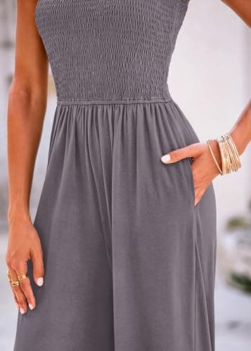 KIRUNDO Womens Jumpsuit 2026 Summer Casual Loose One Piece Overalls Smocked Sleeveless Wide Leg Rompers With Pockets(Grey, Medium) - Thumbnail 5