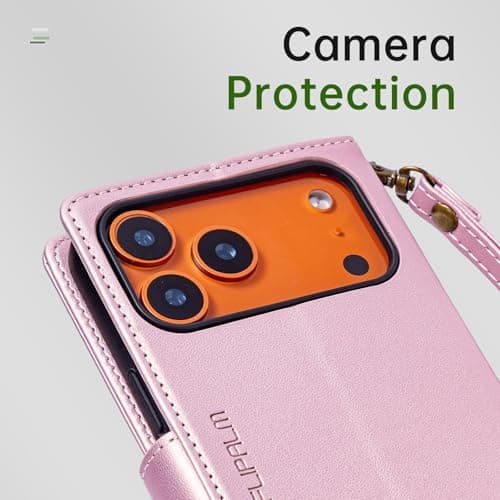 FLIPALM Wallet Case for iPhone 17 Series with Wrist Strap - PU Leather Folio Flip with Credit Card Holder & Kickstand, Protective Cover (Pink, for iPhone 17 Pro Max) - Thumbnail 5