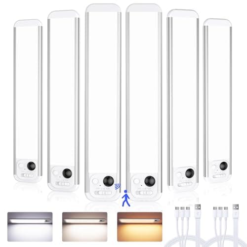 RUIKORING 6 Pack Under Cabinet Lighting, 3 Colors, Motion Sensor Light Indoor, 48 LED Rechargeable Closet Lights, Dimmable Under Counter Lights, Stick-On Magnetic Cabinet Night Lights for Kitchen 8.5" - Image 1