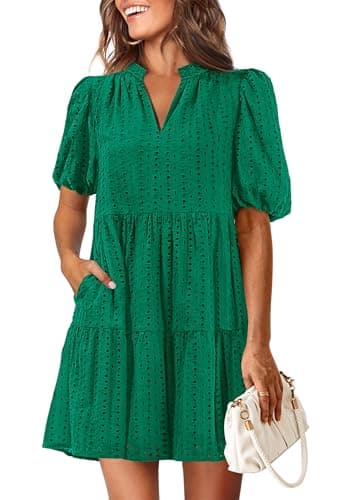 KIRUNDO Eyelet Summer Dresses for Women 2026 Mini Casual Hollow Out Short Sleeve Lace Tiered V Neck Shift Dress Pockets(Dark Green, Small) - Image 1