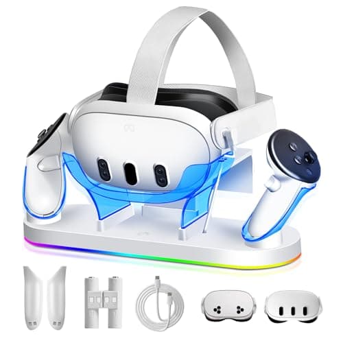 TicEaik Charging Dock for Meta Quest 3/3S, 18W Fast Charger with 2 Rechargeable Batteries, 8 LED Lighting Modes, USB-C Charging Accessory, Charging Stand for VR Headset and Controller - Image 1