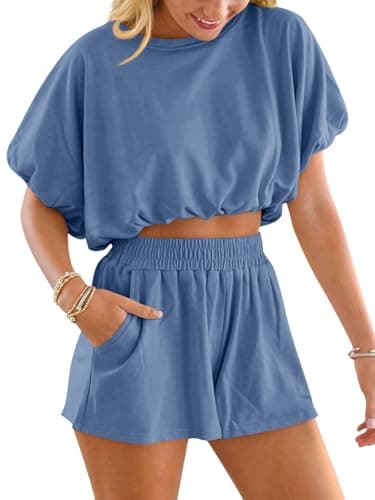 Jenisso Womens 2 Piece Sets Summer Bubble Crop Tops and Shorts Lounge Set 2026 Travel Outfits Clothing - Image 1