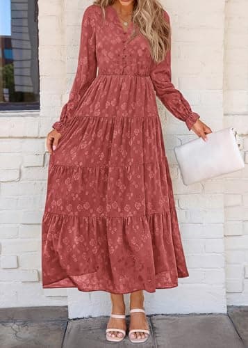 KIRUNDO Spring Wedding Guest Dresses for Women 2026 Maxi Floral Long Sleeve Elegant Ruffle Tiered Flowy Party Long Dress(Bean Paste Red, XX-Large) - Thumbnail 4
