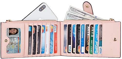 Travelambo Womens Wallet Slim RFID Blocking Bifold Credit Card Holder Wallet with 16 Card Slots, 2 Zippered Pockets (Pink Lotus) - Thumbnail 3