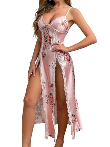 CRIPOM Plus Size Sexy Lingerie for Women High Slit Nightgown Silk Dress Lace Nightgown Sexy Silk Pajamas Pink Floral XXL - Image 1