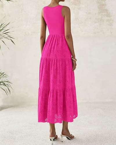BTFBM Women Summer Eyelet Midi Dresses Casual Spring 2026 Sleeveless A Line Flowy Vacation Beach Wedding Guest Sun Dress(Hot Pink, X-Large) - Thumbnail 4