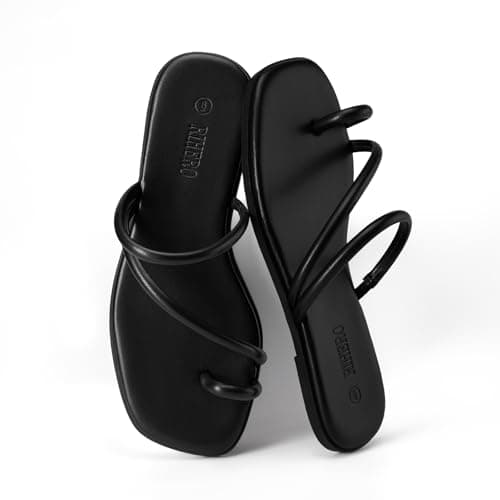 Rihero Black Slide Sandals Women Comfortable Square Toe Strappy Thong Flat Sandals Beach Dressy Slip On Flip Flops Size 8.5 - Thumbnail 6