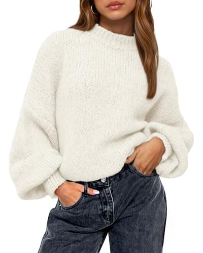 BTFBM Sweaters for Women Fall 2026 Crew Neck Lantern Long Sleeve Oversized Sweater Casual Knit Winter Pullover Tops(White, X-Large) - Image 1
