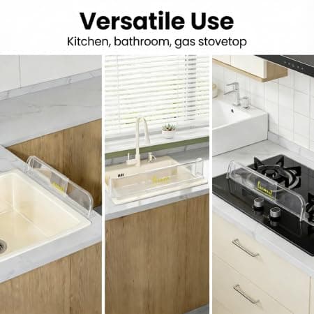 2-in-1 Sink Splash Guard & Storage Organizer, Adjustable Telescopic 14.17-21.85 In/36-55.5cm, Non-Slip Adhesive, Thick Durable Material, Multi-Scene for Kitchen Bathroom to Tidy Countertops - Thumbnail 2