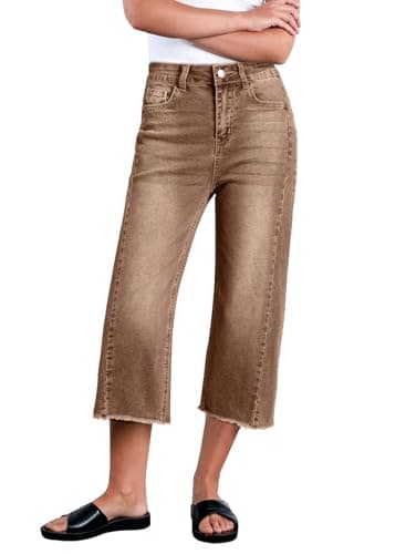 Sidefeel Women's High Waisted Jeans Stretchy Wide Leg Raw Hem Capri Pants Size 8 Brown - Image 1