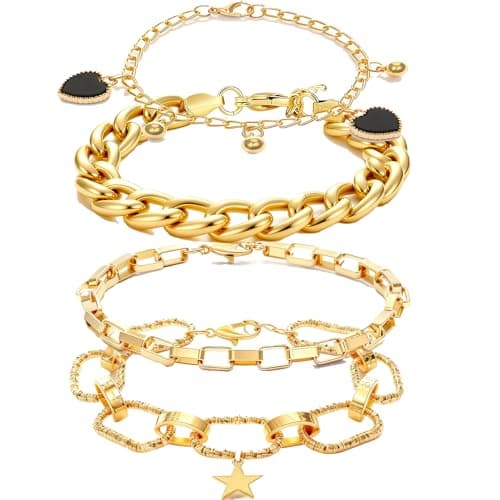 Alegend 14K Gold-Plated 4-Layer Design Bracelet Set - Bead, Heart & Star Pendants - Image 1