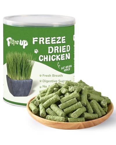 PAWUP Freeze Dried Chicken Cat Treats, Cat Grass Added, High-Fiber Hairball Care & Digestive Support Snacks for Indoor Cats, 3.8oz - Image 1