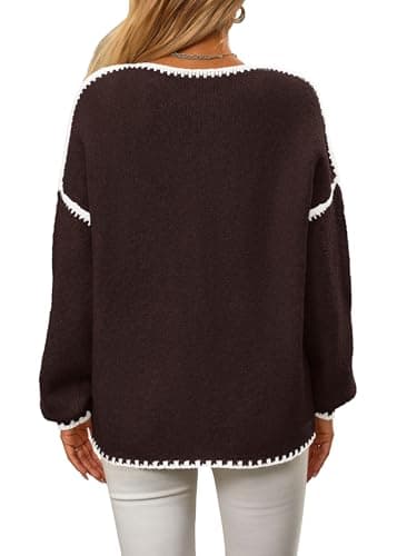 KIRUNDO Womens Sweaters 2026 Fall Oversized Long Sleeve Chunky Knit Crew Neck Contrast Stitching Pullover Winter Clothes(Brown, Medium) - Thumbnail 2