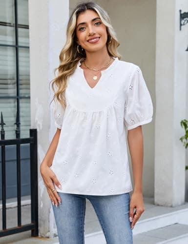 CiCiBird Women's Babydoll Top V Neck Puff Sleeve Eyelet Blouse Loose Fit Peplum Casual Dressy Shirts White S - Thumbnail 3