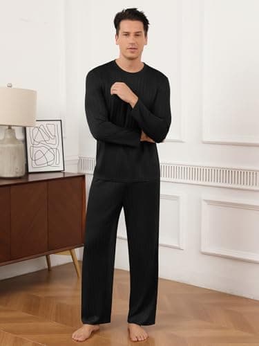 RQP Men's Pajama Set Ribbed Lounge Wear Silky Smooth 2 Piece Sleepwear,Stretch Home Outfits for Men,Black - Thumbnail 3