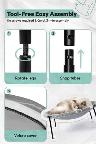 POMESEA Elevated Cat Bed, Glow-in-The-Dark Fabric Cat Hammock Bed for Large Indoor Cats, Machine Washable & Breathable Cover, Tool Free Easy Assembly, up to 66Lbs (Gray, L) - Thumbnail 3