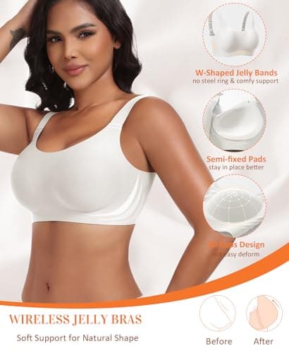 Wireless Jelly Seamless Bras for Women No Underwire Tshirt Full Coverage Padded Supportive Bra Comfortable Everyday Bralettes(01#White(Full Coverage),Large) - Thumbnail 5