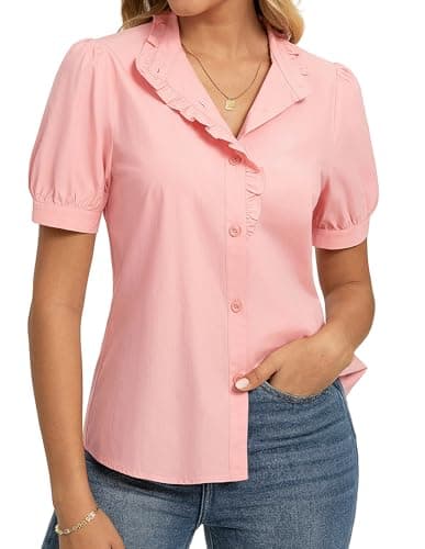GRACE KARIN Women's 2026 Summer Short Sleeve Tops, Dressy Casual V Neck Blouses, Trendy Button Down Shirts Work Office Pink M - Image 1