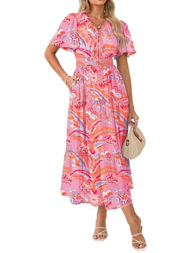 GRACE KARIN Womens Summer Floral Maxi Dresses 2026 Short Sleeve V Neck Dress Casual Flowy Beach Vacation Sundress with Pockets Pink Floral L - Image 1