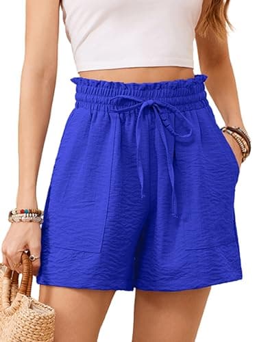 KORSIS Women Shorts High Waist Elastic Summer Lounge Casual Beach Vacation Work Loose Trousers with Pockets Royal Blue L - Image 1
