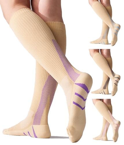Mosithings 4 Pairs Compression Socks For Women 15-20mmHg Graduated Compression Circulation Support Socks For running and Athletic, Beige Mix,L/XL - Image 1