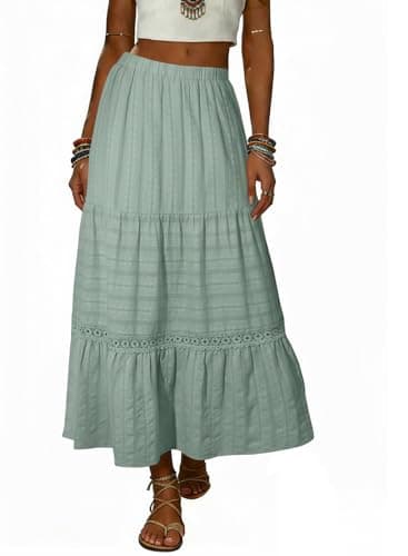 BLENCOT Women's Boho Tiered Maxi Skirt Cotton Gypsy Hippie Style Crochet Lace Long Skirts for Women Vacation and Beach Green 2X-Large - Image 1