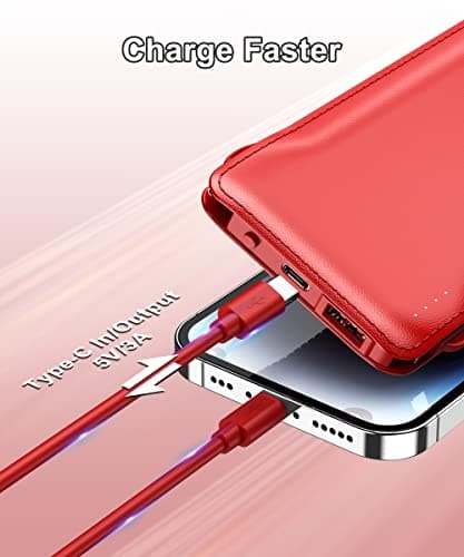 TG90° 10000mAh Slim Portable Charger with Built in Cable,Red - Thumbnail 3
