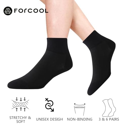Forcool Diabetic Ankle Socks, Loose Top Extra Wide Non-Binding and Cushioned for Men's Women's, Black White, Large, 6 Pairs - Thumbnail 2