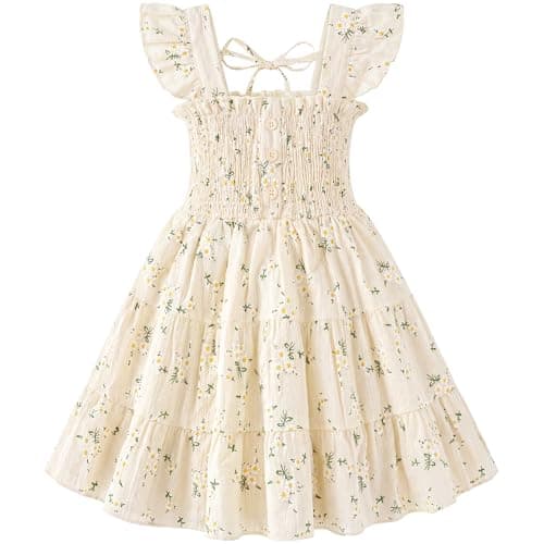 HONGTEYA Toddler Girl Dress Ruffle Sleeveless Princess Dresses, Summer Dress Beach Sundress (US, Age, 18 Months, 24 Months, Beige Daisy) - Image 1