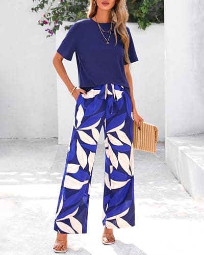 PRETTYGARDEN Women Summer 2 Piece Outfits 2026 Short Sleeve Knit Top Floral Print Belted Wide Leg Pant Sets With Pockets(Dark Blue Floral,Medium) - Thumbnail 3