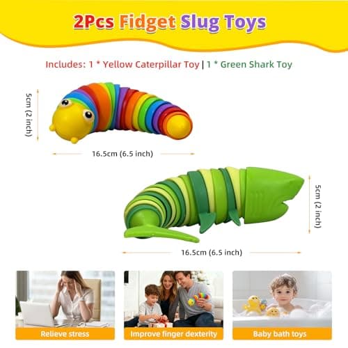 TIANTAIYUE Fidget Slug Toys, Sensory Slug Fidget Toy for Kids and Adults, 2Pcs Rainbow Worm Stress Relief Toy, Child-Friendly, Anti-Anxiety Autism Sensory Toy, Essential Travel Toys for Toddlers - Thumbnail 4